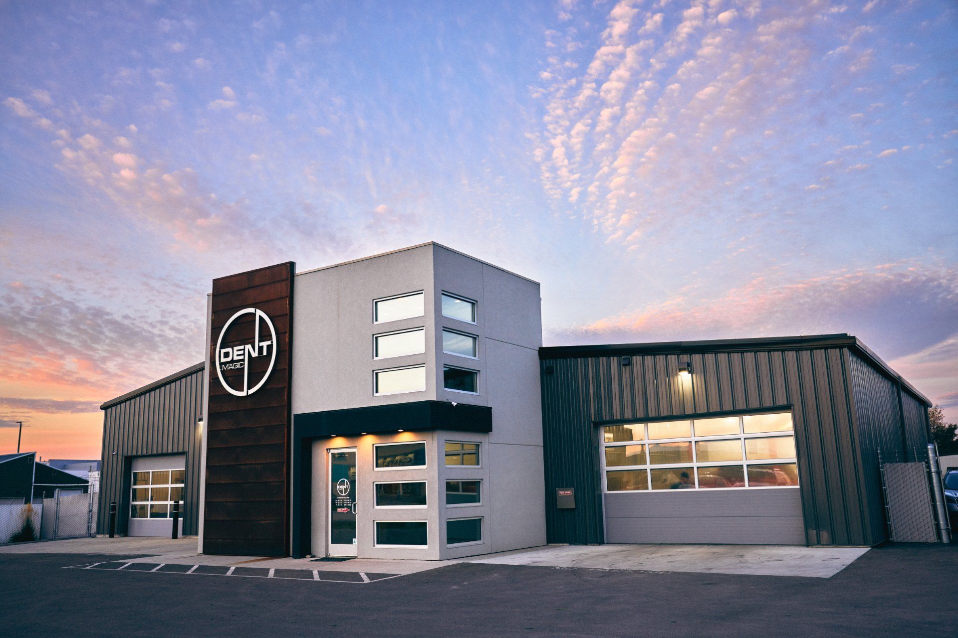 Dent Magic shop in Kalispell, Montana at sunset